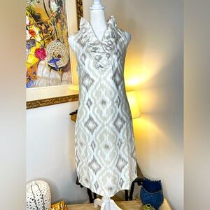Gretchen Scott Khaki Jornki Kitt Ikat Sleeveless Ruff Neck Dress Medium